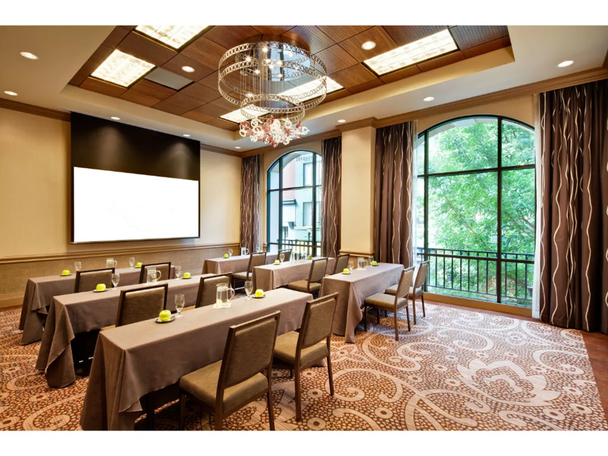 This interior image features a large window with a view of lush greenery, a chandelier, and a presentation screen set up in a relaxed, professional space. The window creates a strong visual connection to the outdoors, suggesting proximity to green spaces and a welcoming atmosphere for both guests and their pets.